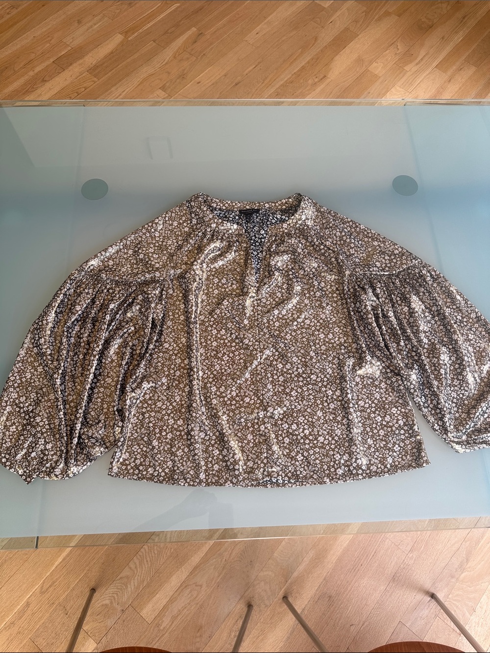 Current Air Neutral Taupe Floral Puff-Sleeve Blouse